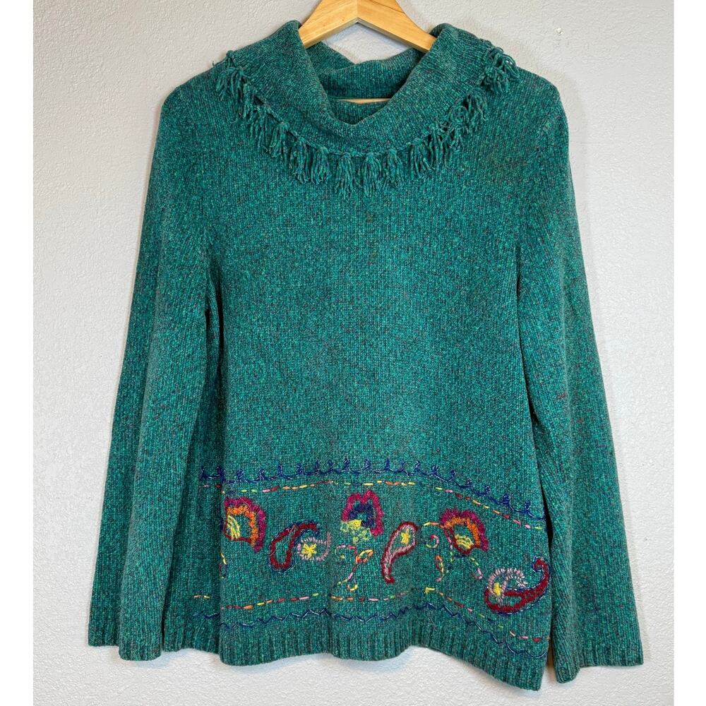Vintage Cowl Neck Bohemian Sweater Medium Teal Green Relaxed Fit Embroidered